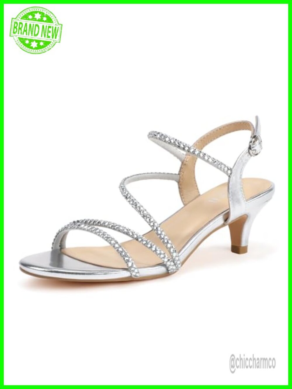 Sparkly Rhinestone Kitten Heels Strappy Slingback Low 2 Inch Dress Sandals